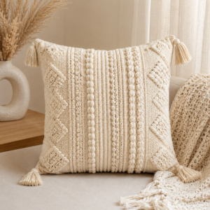 Boho Tassel Decorative Throw Cushion – Handmade Textured Accent Pillow