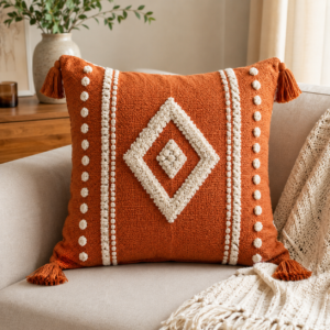Terracotta Boho Tassel Cushion – Premium Geometric Decorative Throw Pillow