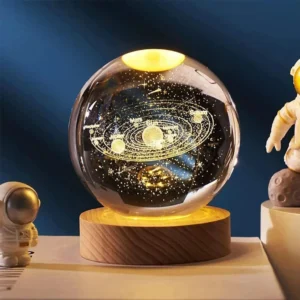 3D Solar System Crystal Ball Night Lamp – USB LED Wooden Base Galaxy Decor Light