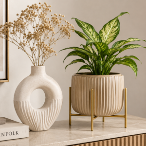 Velora Ribbed Ceramic Planter with Gold Stand
