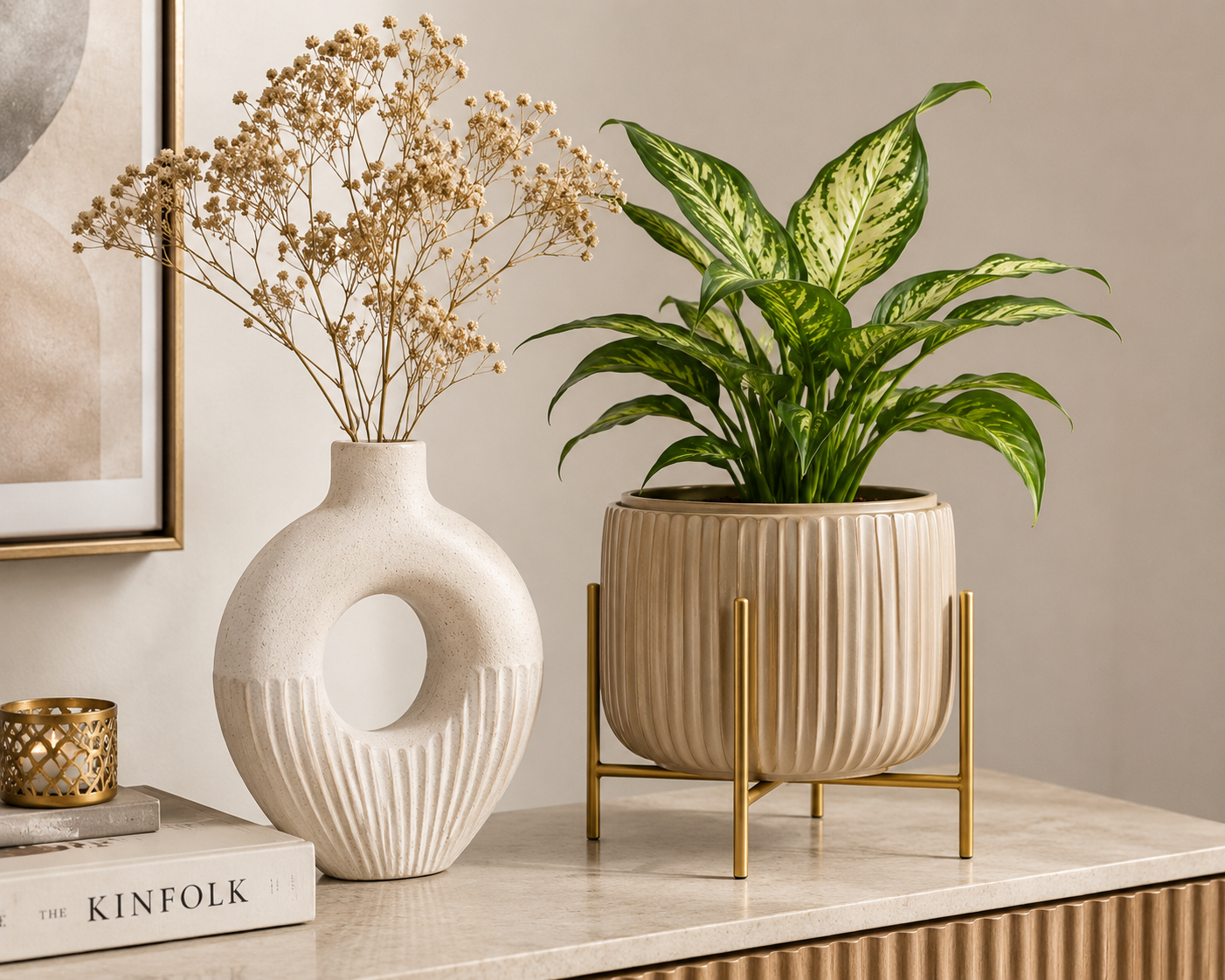 Velora Ribbed Ceramic Planter with Gold Stand